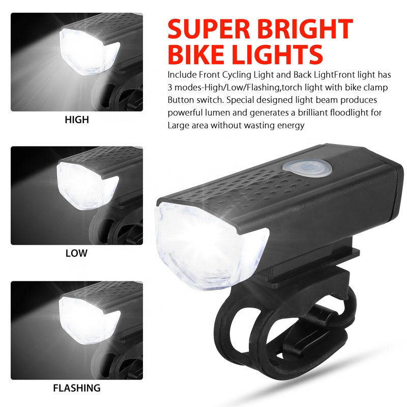 Frente e traseira Bike Light Set com lanterna traseira, USB recarregável, acessórios de bicicleta, estrada MTB, fácil de instalar, 3 modos