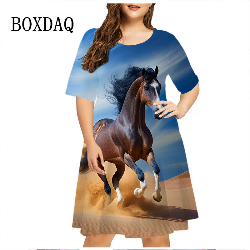 Animais de corrida de pradaria femininos Vestidos de cavalo, roupas de verão grandes, manga curta casual, vestido estampado, solto plus size