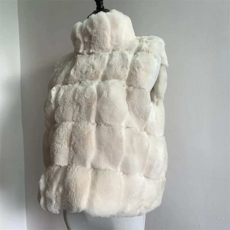PLAZSON-Casaco sem mangas de pele sintética feminino, casaco de inverno, colete fashion, monocromático, gola, imitação de pele de coelho, bloco, sobretudo