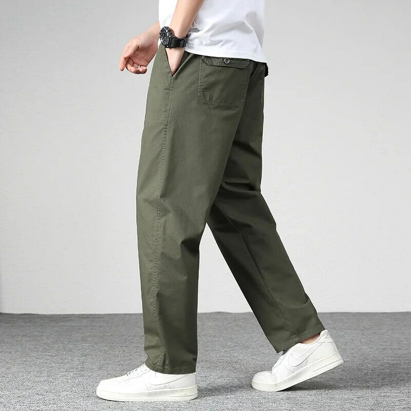 Calça casual masculina de algodão cargo com bolso, calça reta solta, roupa masculina de jogger, calça para trabalho esportivo, nova, outono, 2023