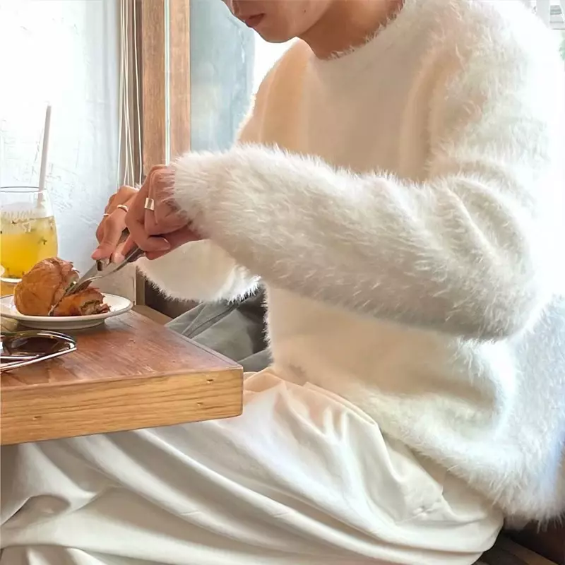 HOUZHOU Mohair Sweaters Men Korean Thicken Warm Knitting Autumn Winter Loose Casual Long Sleeve Pullovers Fleece Streetwear