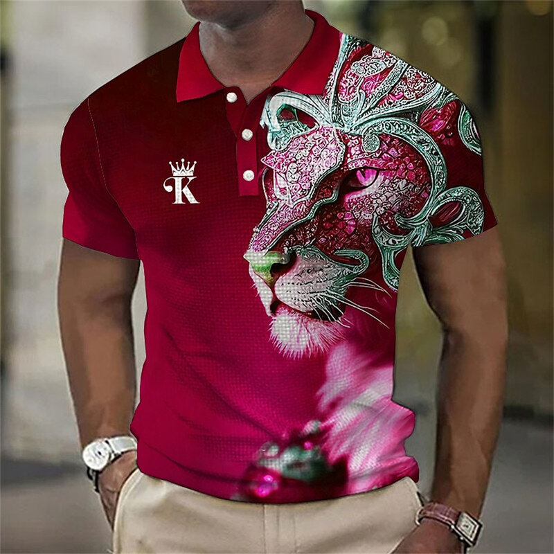 Kemeja Polo pria motif singa 3d kaus atasan Lapel harian kasual kaus binatang buas untuk Baju Pria musim panas lengan pendek