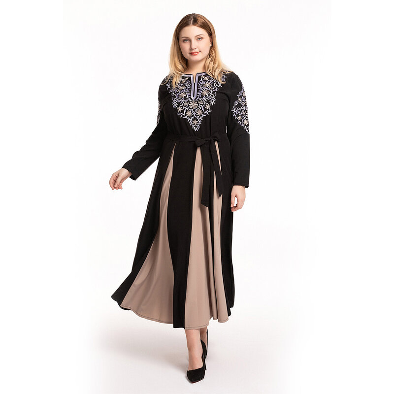 Plus-size Embroidered Muslim Dress Fashion Islamic Turkey Dubai Abayas Women Casual O-neck Party Long Sleeve Islamic Clothing