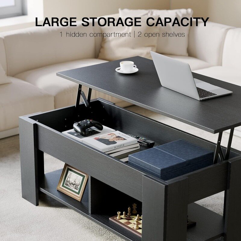 Totnz-リフトトップ無垢材コーヒーテーブル、リビングルームテーブル、隠しコンパートメントと収納棚、39インチ