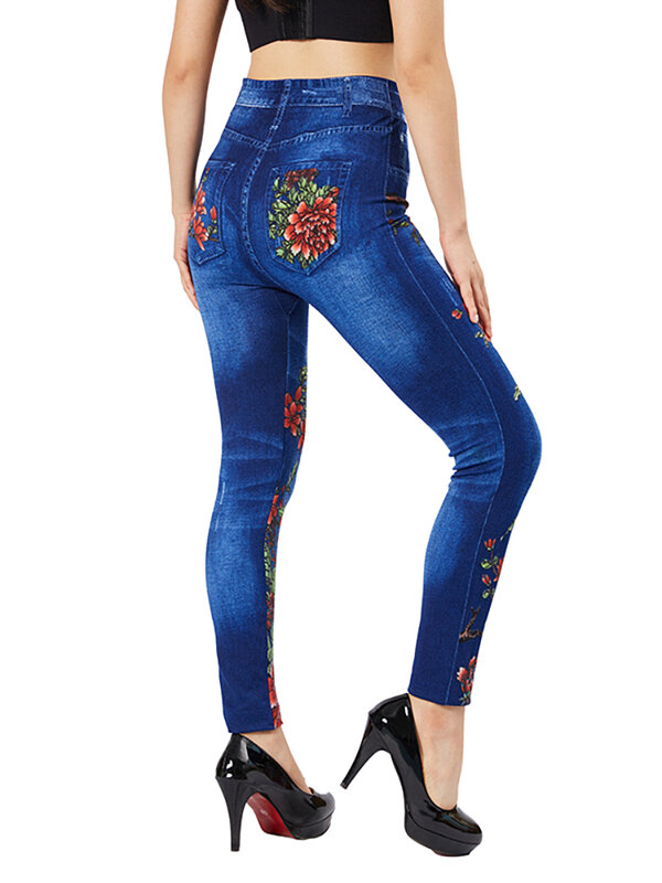 CUHAKCI-Jeggings azuis estampa floral feminina slim fit, calça lápis casual, calça jeans elástica bolso falso, leggings treino de ioga