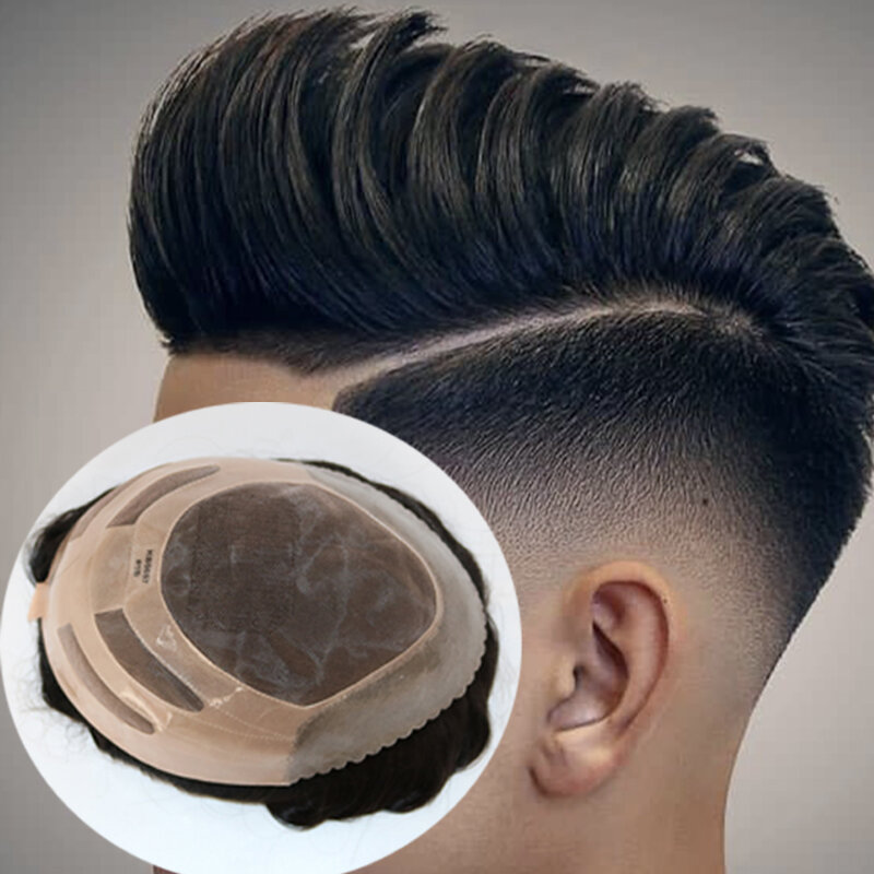 Новинка 2024, высококачественные человеческие волосы, мужской парик, парик с переплетением волос, сменная прочная и дышащая мужская система волос NPU
