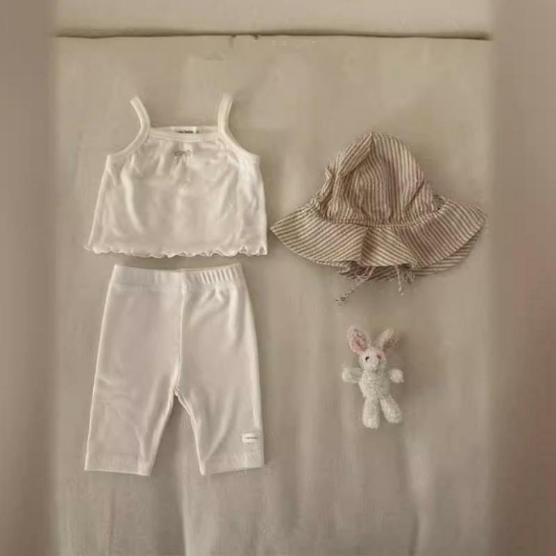 Completi estivi per bambini ragazza bambini ricamo fiocco bretelle Set camicia neonato sottile senza maniche top + pantaloni solidi 2 pezzi tuta gilet bambino