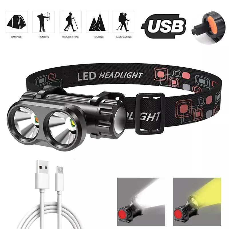 USB Rechargeable LED Headlight Powerful COB Headlamp Head flashlight 2ModeTorch Waterproof Head Light with 1Built-in Battery