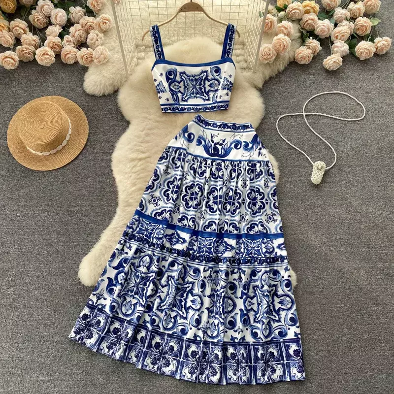 2024 New Summer Runway Blue and White Porcelain Two Piece Set Women Flower Print Short Crop Top + Holiday Beach Maxi Skirt Suits