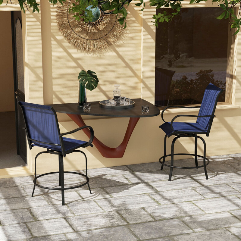 Bequemes Set aus 2 marineblauen Terrassen stühlen mit Armlehnen, 360 ° drehbarem Design und hoch dichtem Netz gewebe. Robust s