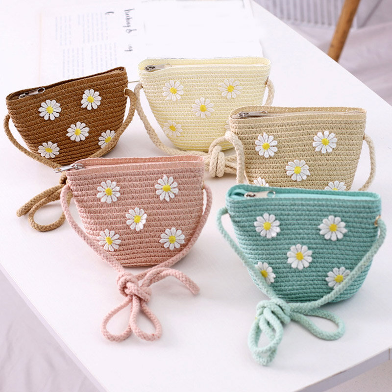 New 2022 Summer Children Girls borsa a tracolla Daisy Flower Straw Bag Messenger Bag Kids Keys portamonete Cute Princess Mini Handbag