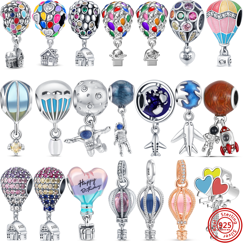 925 Sterling Silver Happy Birthday Pavé Shiny Hot Air Balloon House Original Beads Fit Pandora Charm Bracelet Luxury DIY Jewelry