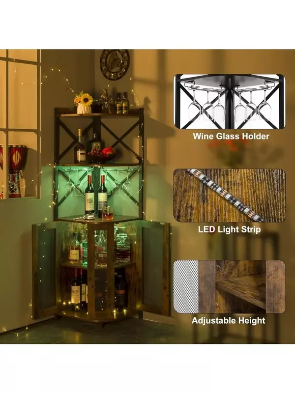 Gabinete de barra de esquina con luces LED, gabinete de vino Industrial de 5 niveles con soporte de vidrio, gabinete de Bar de vino con estante ajustable,