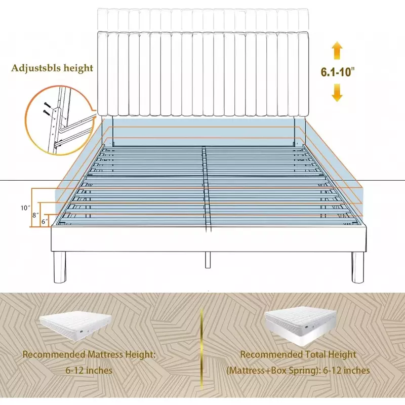 Queen-Size-Bett rahmen, samt gepolsterte Plattform mit Kopfteil, einfach zu montieren, keine Federn, mit Holz latten, dunkel grau