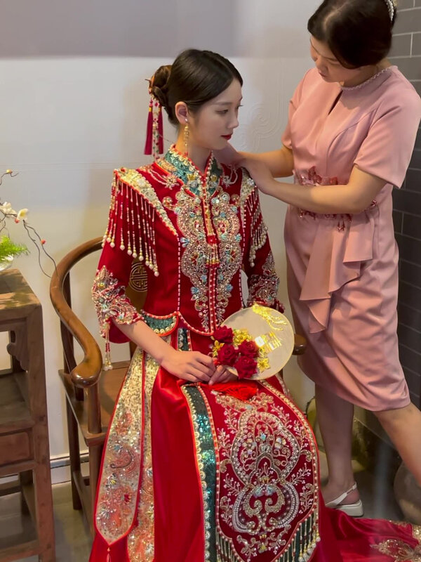 Yourqipao ชุดแต่งงานแบบจีนชุดกี่เพ้าไซส์ใหญ่พิเศษชุดเดรสกระโปรงสีแดงสไตล์โมเดิร์นชุดชุดจีนโอเรียนเต็ล
