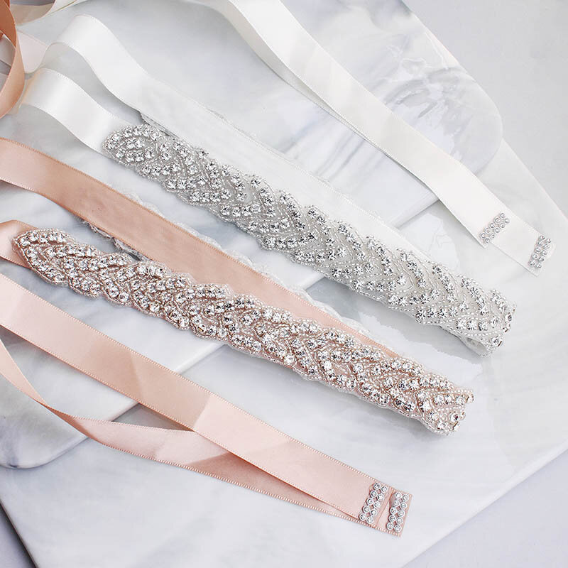 Ceinture Elegant Silver Crystal Wedding Belt for Prom Dress Sash Pink Ribbon Bridal Belt for Wedding Gown Wedding Accessories B6