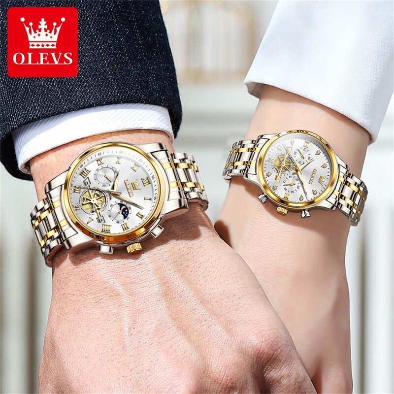 OLEVS 쿼츠 커플 시계, 럭셔리 브랜드, 방수 달 위상, 타이밍 코드 시계, 우아하고 로맨틱한 연인, 그녀의 커플 시계