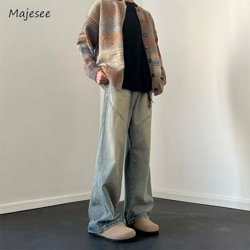 Jeans Men Autumn Straight Trousers Vintage Fashion Euorpean Style All-match Gradient Color Handsome Loose Chic Simple Students
