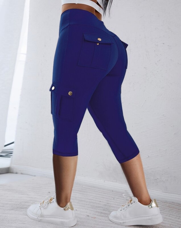 Pantalones de estilo deportivo para mujer, pantalones deportivos recortados de cintura alta, diseño de bolsillo informal multicolor, novedad de verano 2024