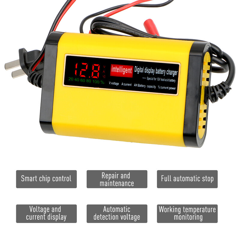 Cargador de batería de coche completamente automático, pantalla LCD Digital, 2A, carga rápida, 3 etapas, plomo ácido, AGM, GEL
