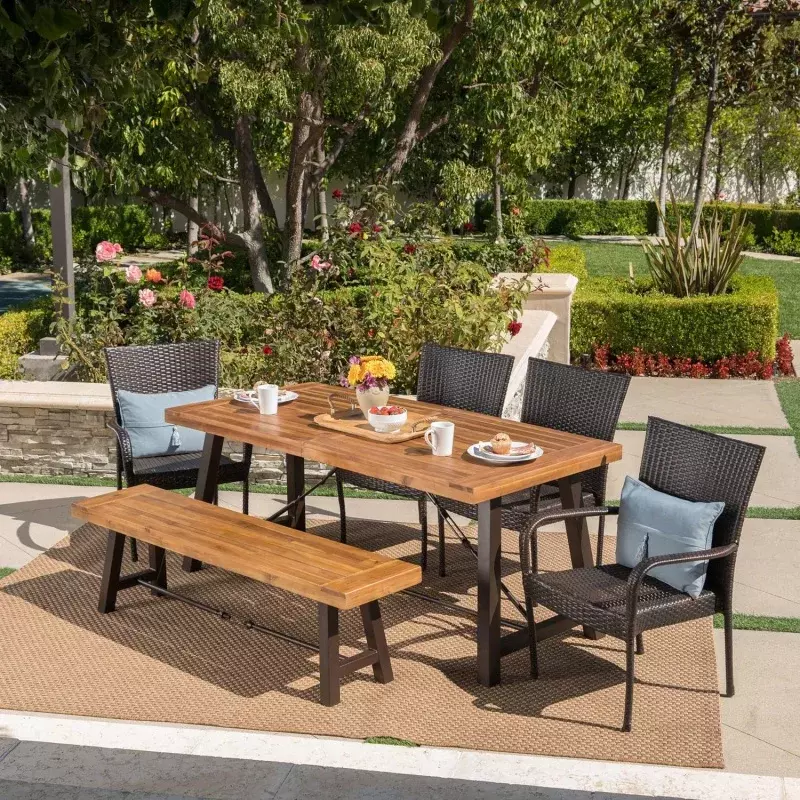 Christopher Knight Home Salla Outdoor Acacia Wood Dining Set with Wicker Stacking Chairs, 6-Pcs Set, Teak Finish / Rustic Metal
