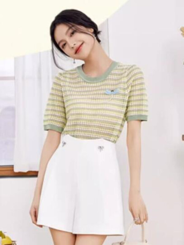T-shirty damskie Moda Młodzieżowy koreański styl Błyszczący dekolt w szpic Szykowny Śliczny Codzienny Krótki rękaw Casual Przytulne uczennice Eleganckie Urocze