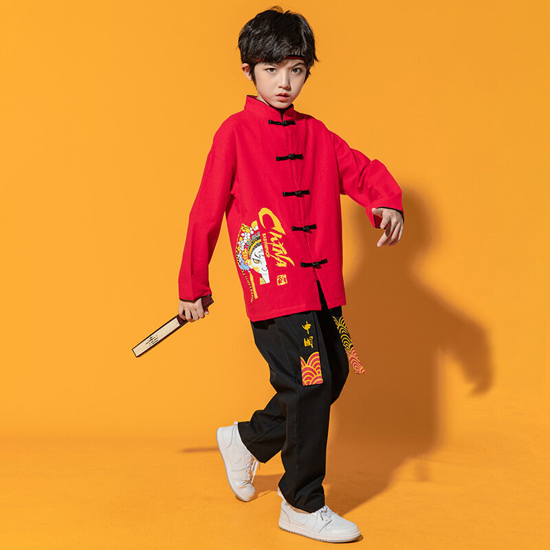 วัยรุ่นชายสไตล์จีน Hanfu เสื้อผ้าเย็บปักถักร้อยชุดจีนเด็ก Street Dancewear เสื้อผ้าแนวฮิปฮอปชุดเต้นรำแจ๊ส3-16ปี