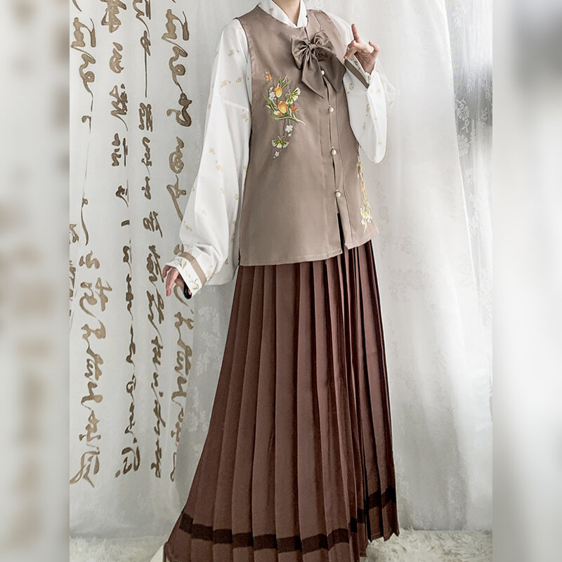 Ming dynasty bordado em torno do pescoço hanfu han elementos jk saia uniforme saia plissada gravata borboleta