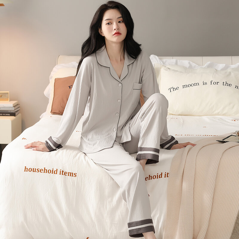 Simple Style Women Cotton Pajamas Set Single Breasted Long Sleeve Button-Down Sleepwear Loungewear Solid Color Pijamas Mujer
