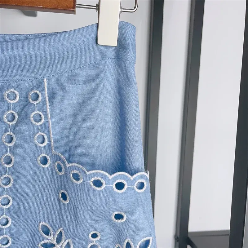 Damski haftowany, niebieski zestaw z falbankami, łączony top na ramiączkach lub jednorzędowa spódnica midi w kształcie litery A, garnitur wakacyjny