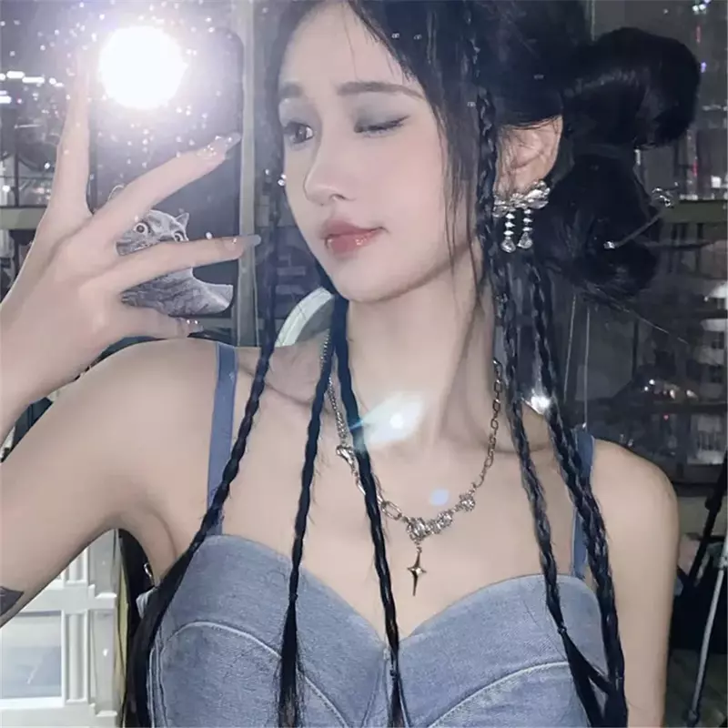 Y2K Wig ekor kuda wanita, model Cina baru ambil ekstensi ikat pita kepala bola kepang palsu wanita ikan Ji Pedas gadis tinju ekor babi