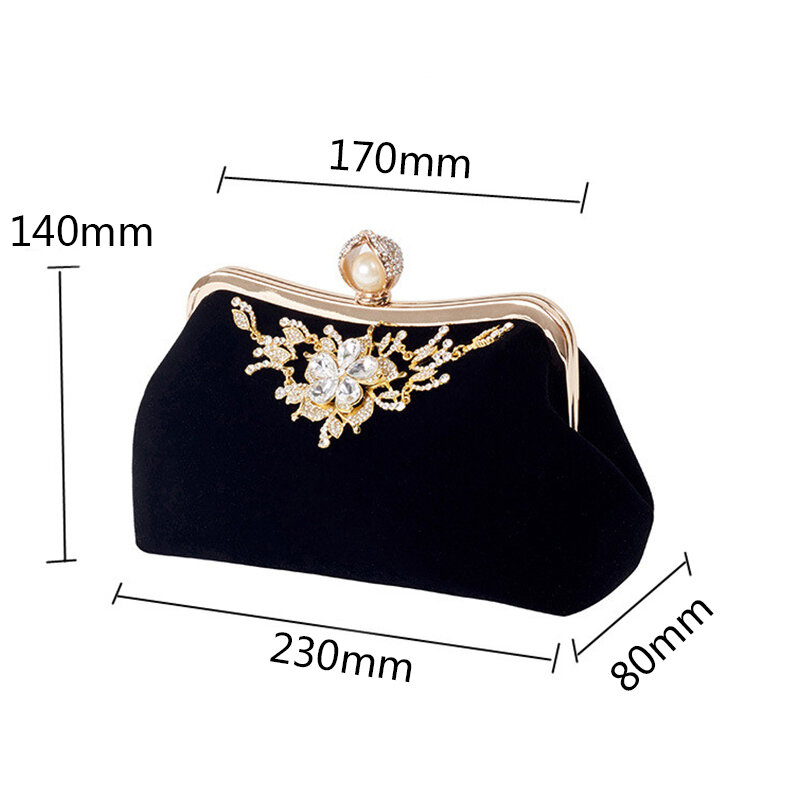 Female Diamond Pearl Handbag Vintage Crystal Flower Evening Bag Wedding Party Bride Clutch Bag Purse（Black）