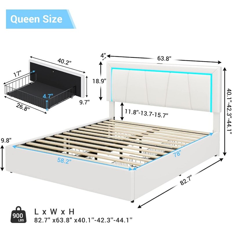 Marco de cama tamaño Queen con 4 cajones de almacenamiento y luces LED, tapizado de piel sintética, plataforma LED con USB y