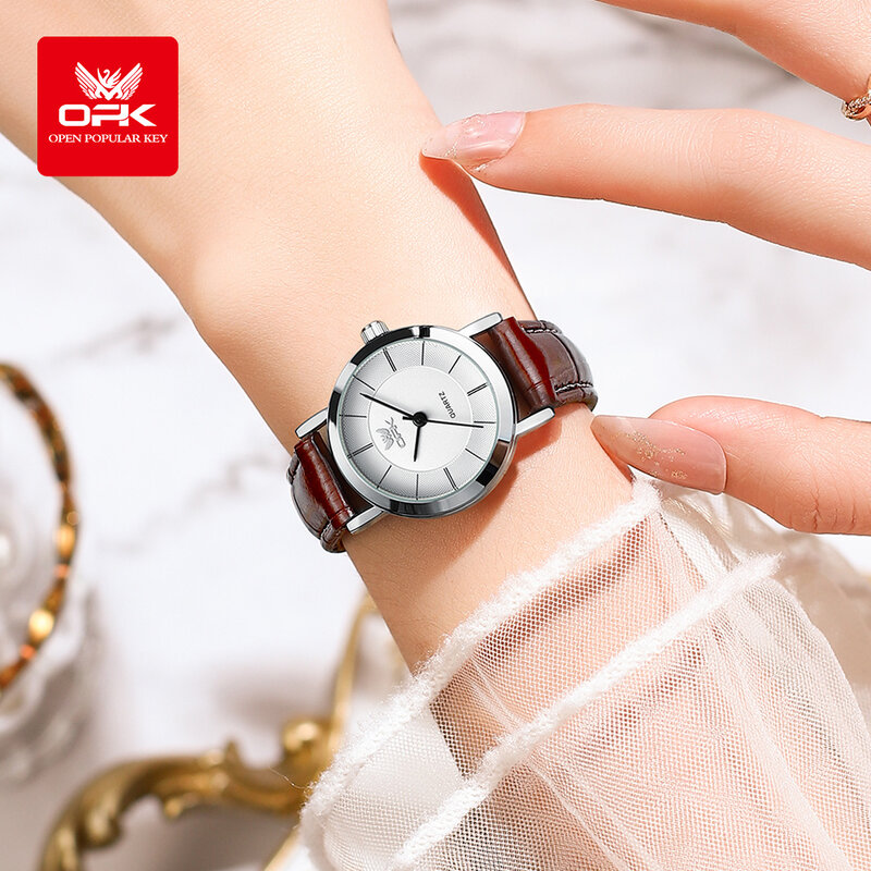 OPK jam tangan pasangan Quartz, arloji kulit tahan air Dial sederhana klasik 6019 untuk pria wanita, jam tangan bisnis 2024