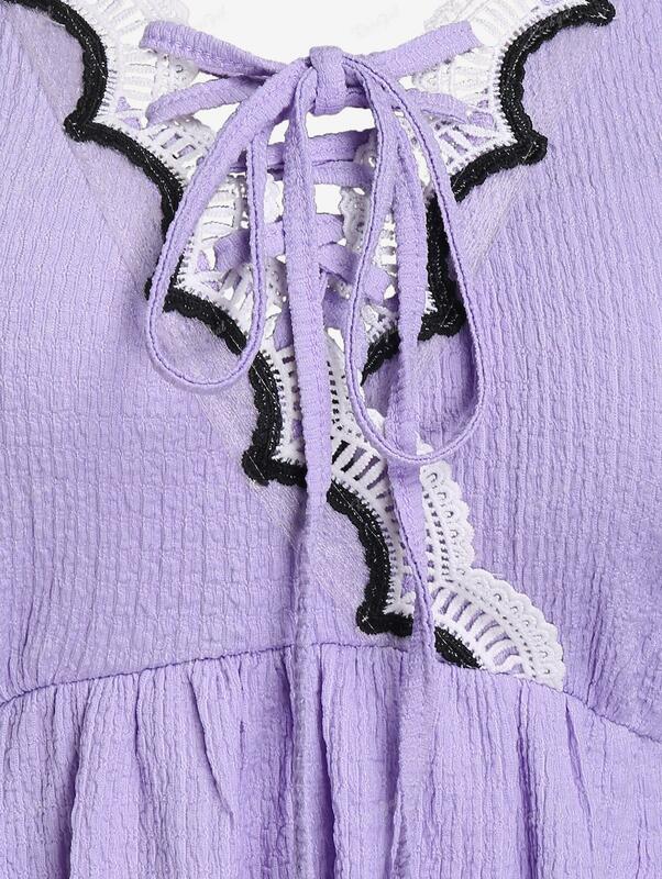 ROSEGAL Plus Size t-shirt Lace-up lattuga Double Layered Frilled Textured Tee Light Purple Fashion scollo a V top per camicetta da donna