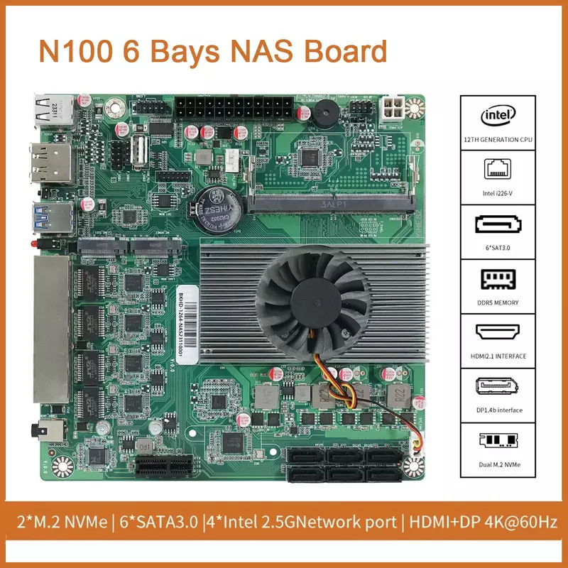 Placa base N100/i3-N305 NAS, DDR5, 4x, Intel i226-V, 2,5G, 2 x M.2, NVMe, 6 x SATA3.0, HDMI2.0, DP, Mini placa ITX con PCIE, 17x17cm