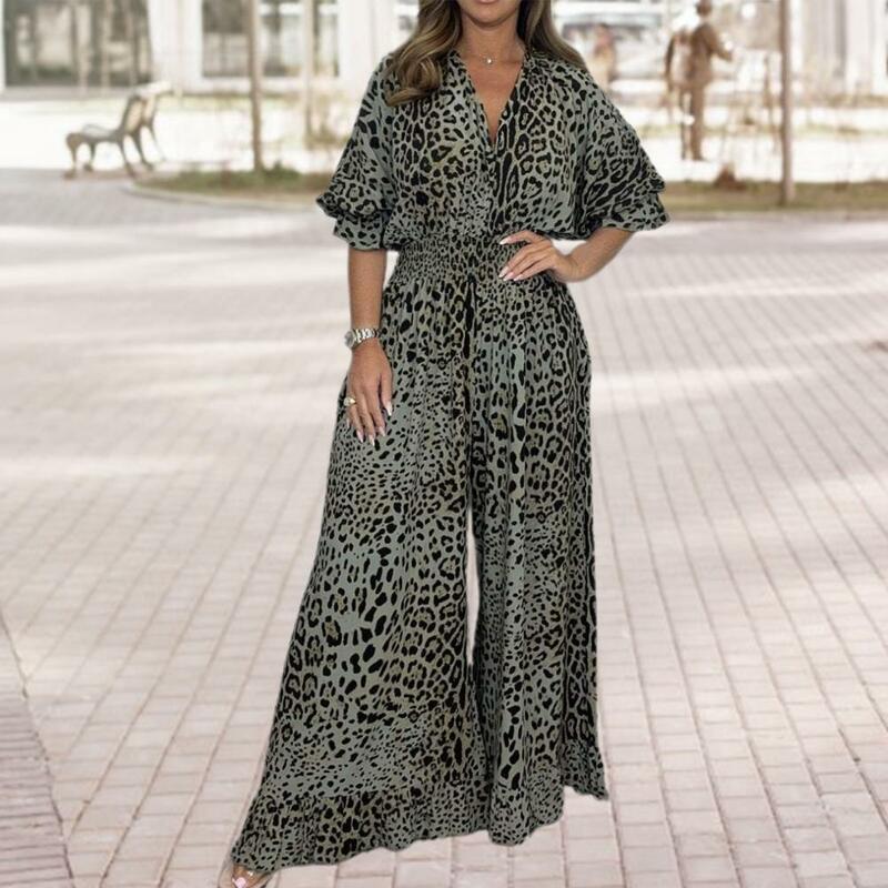 Women Leopard Print Jumpsuit High Waistline Jumpsuit Leopard Print Wide Leg Jumpsuit with V Neck Ruffle Detail Stylish for A