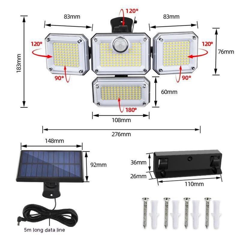 防水ソーラーLED屋外照明,モーションセンサー付き,人間の誘導,調整可能なライト,IP65防水,333