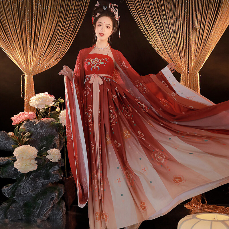 오리지널 당나라 한푸 드레스, 우아한 꽃 자수 무대 의상, 황후 정장, 중국 전통 스타일