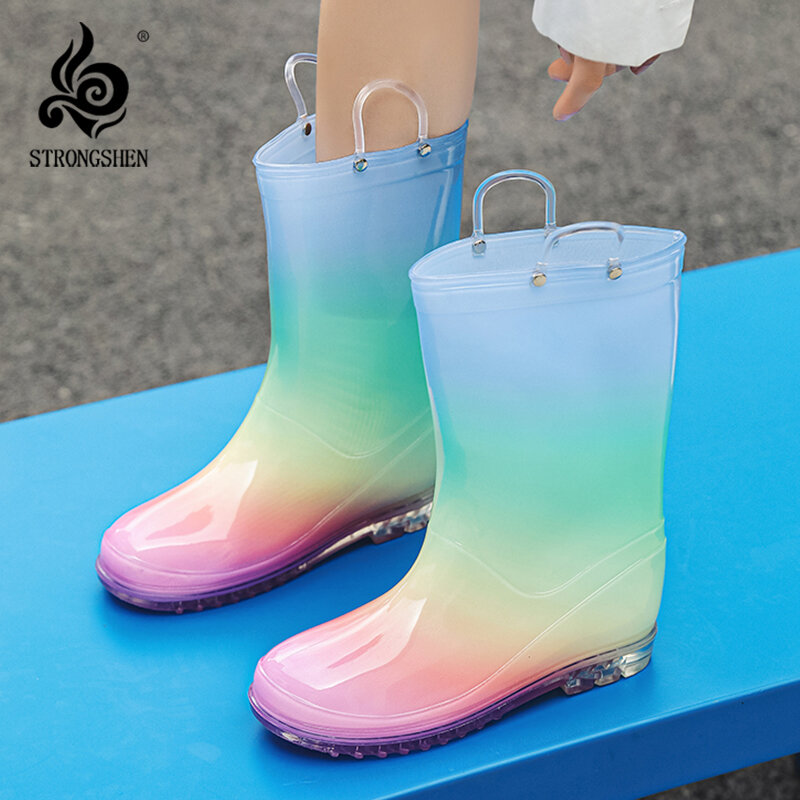 STRONGSHEN Women Rainbow Rain Boots Clear Round Toe Flat Pull on Mid Calf Boot Luxury Designer WaterProof Jelly Soles Women Shoe