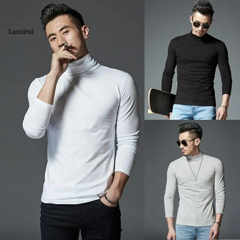 Camiseta de manga larga para hombre, traje cálido de secado rápido de Color sólido, Cuello medio alto, camisa fina de fondo, para invierno