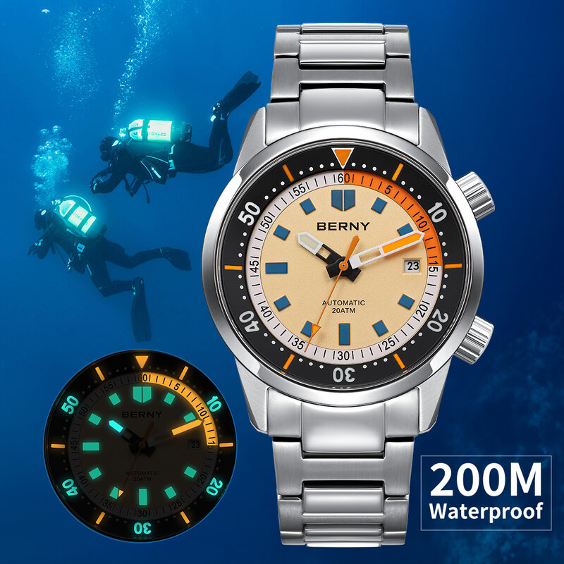 BERNY-relógios automáticos de mergulho masculino, relógio mecânico super luminoso, mergulho em aço inoxidável Sapphire, 20AMT