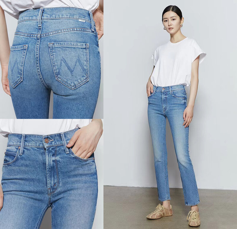 Jeans jeans reto e elástico feminino, calça casual até o tornozelo, moda, novo, 2023