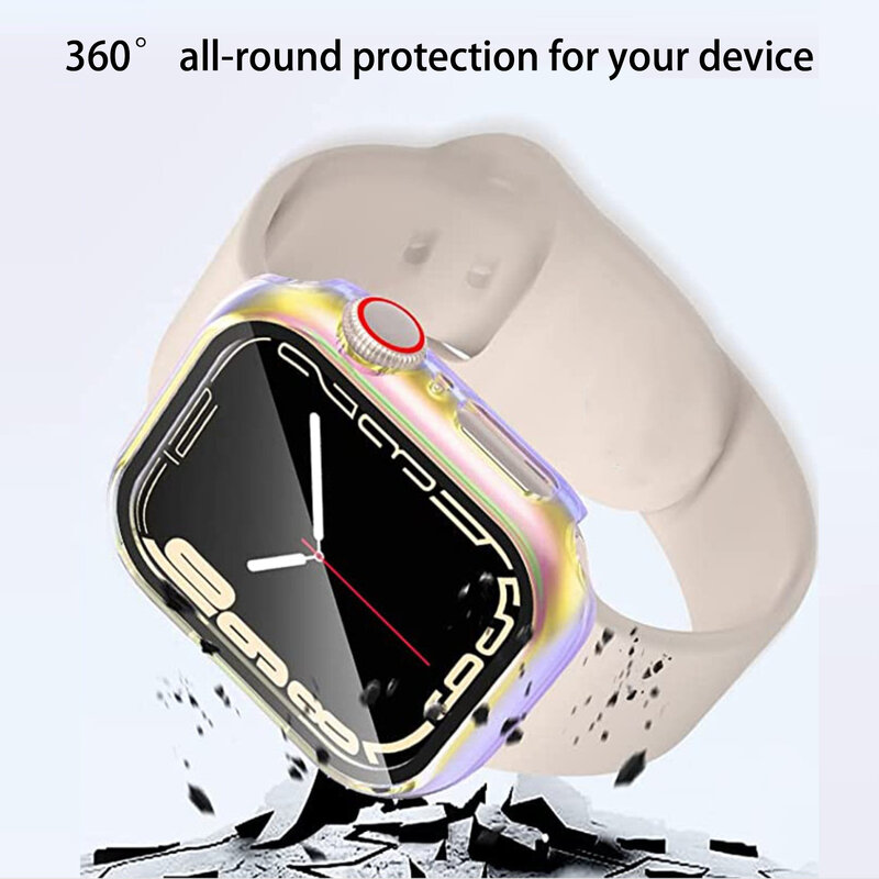 Vidro temperado embutido para Apple Watch, caixa colorida, capa de cobertura para PC, série iWatch 9, 8, 7, 6, SE 5, 45mm, 40mm, 44mm, 41mm