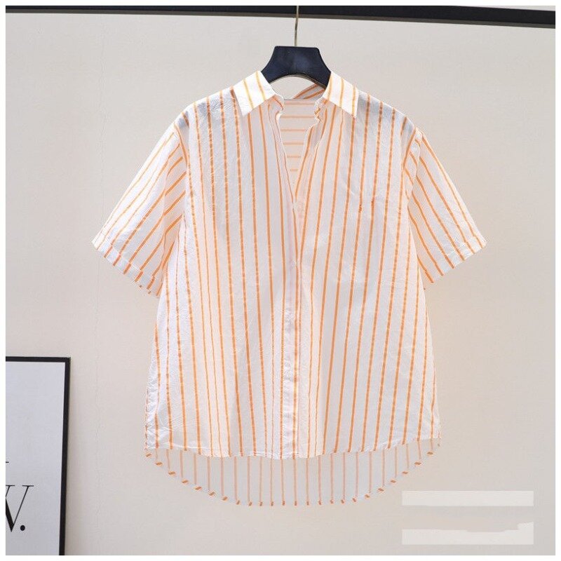 Camisa polo feminina de manga curta, gola fina em retalho, botão solto minimalista casual na moda, algodão puro listrado, verão, 2024