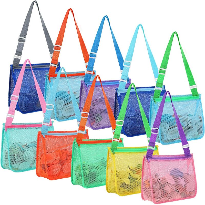 10 Pcs giocattoli da spiaggia borsa da spiaggia in rete per bambini giocattoli di sabbia borse giocattoli da viaggio borsa per la raccolta di conchiglie borsa a conchiglia accessori per il nuoto per bambini