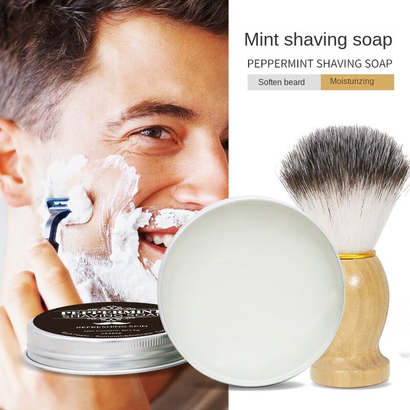 60g Mint Scented Men's Shaving Soap Aluminum Box Lathery Soap with Bubble BrushMen's Shaving Cream