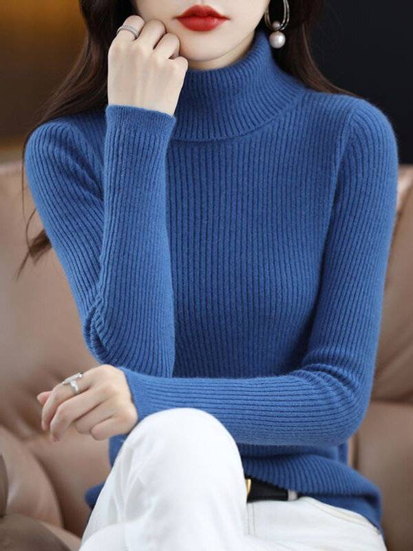 Suéter de malha monocromático feminino, gola alta, 30% lã pura, manga comprida, fundo fino, novo, outono e inverno, 2023