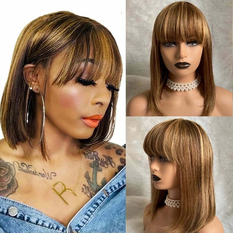Highlight Bob Wig With Bangs Short Straight Human Hair Full Machine Made Hair Bob Wigs Ombre None Lace Front Wig For Black Women