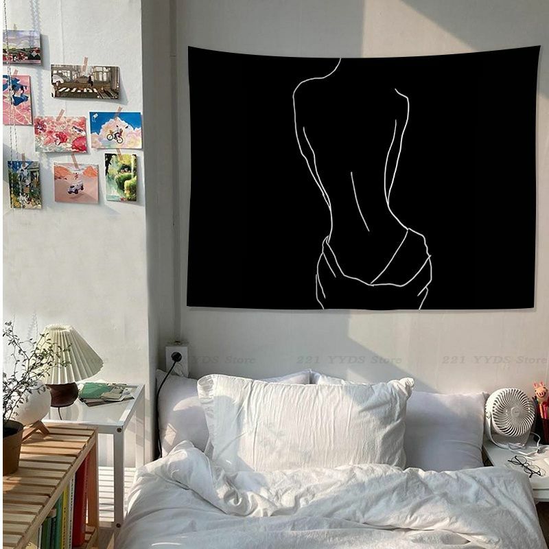 Abstrato preto linha mulher rosto anime tapeçaria decoração de casa hippie boêmio decoração adivinhação ins decoração de casa